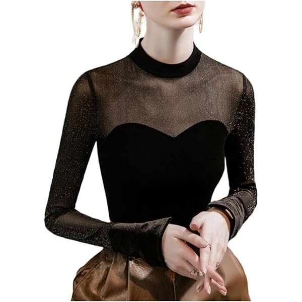 Women's Velvet Mesh Tops Long Sleeve Tops Insert Elegant Patchwork